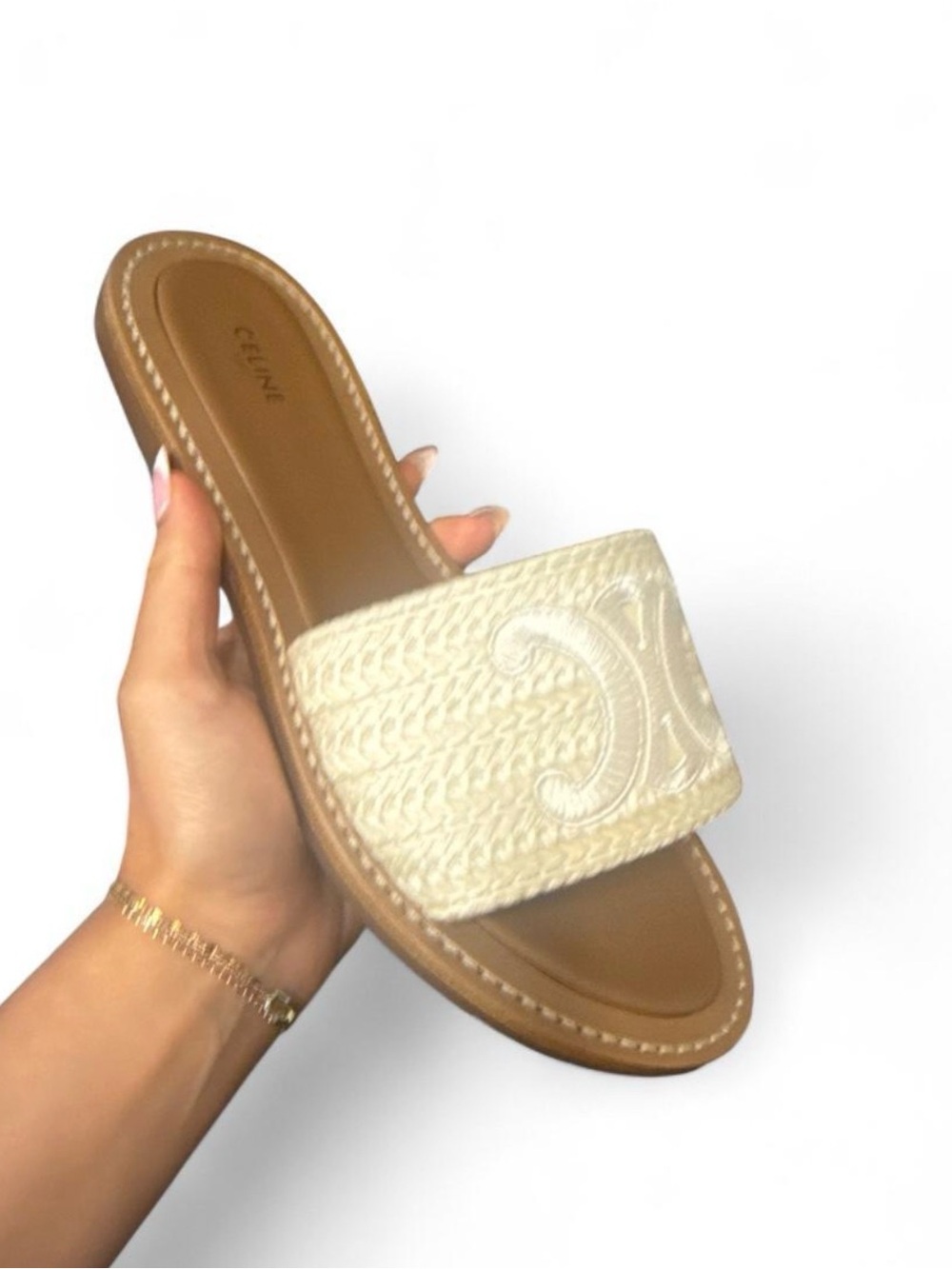Celine Cream Woven Slide Sandals with Tan Footbed